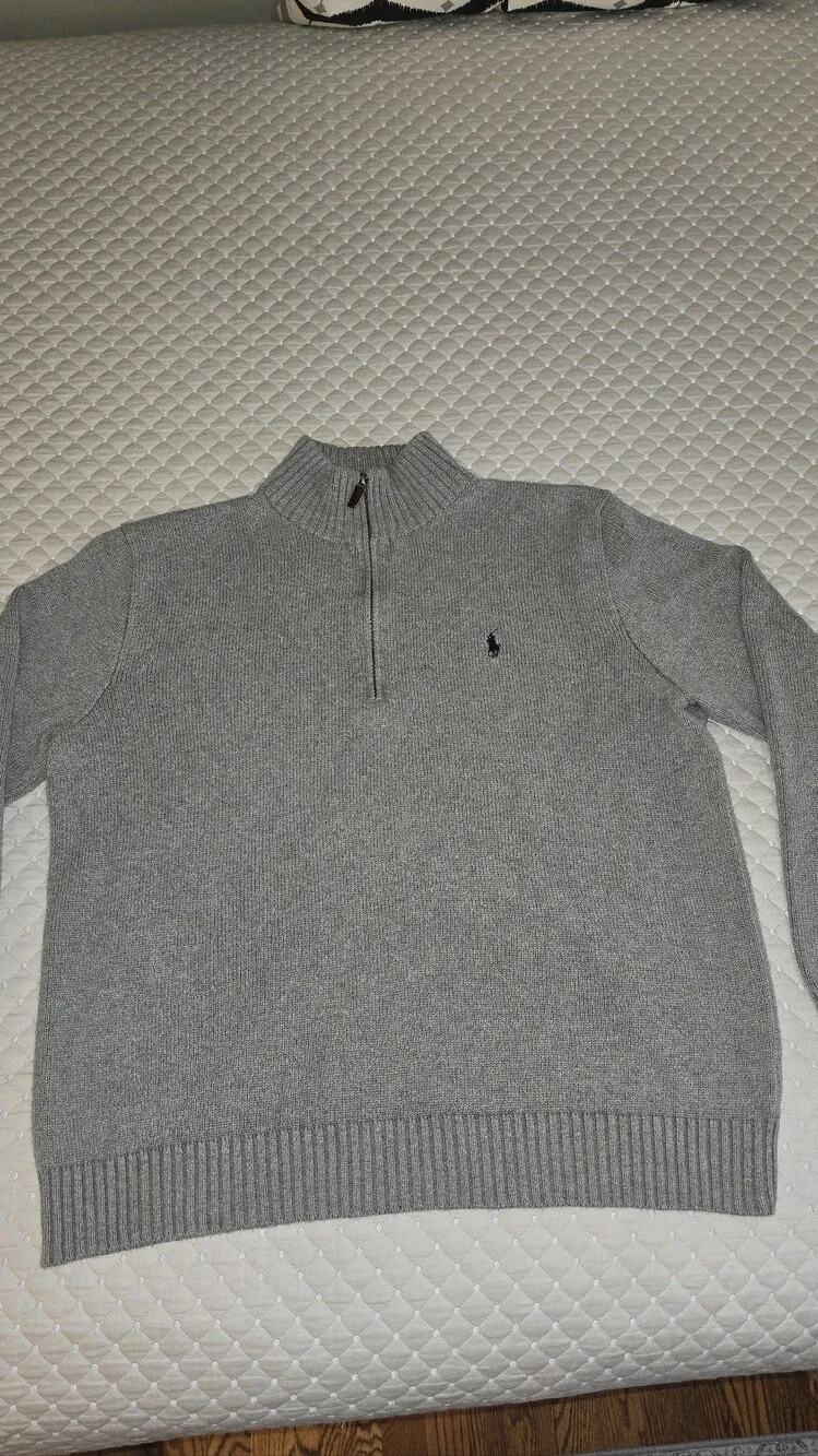 Lg - Ralph Lauren Men's Light Gray Half-Zip Mock Neck Sweater (PRISTINE)